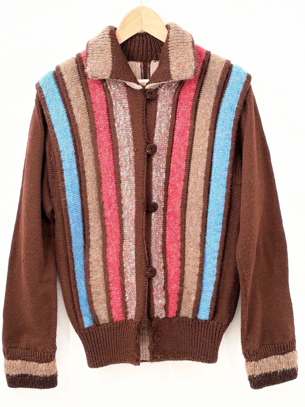 Vintage Brown Cardigan with Blue and Pink Stripes